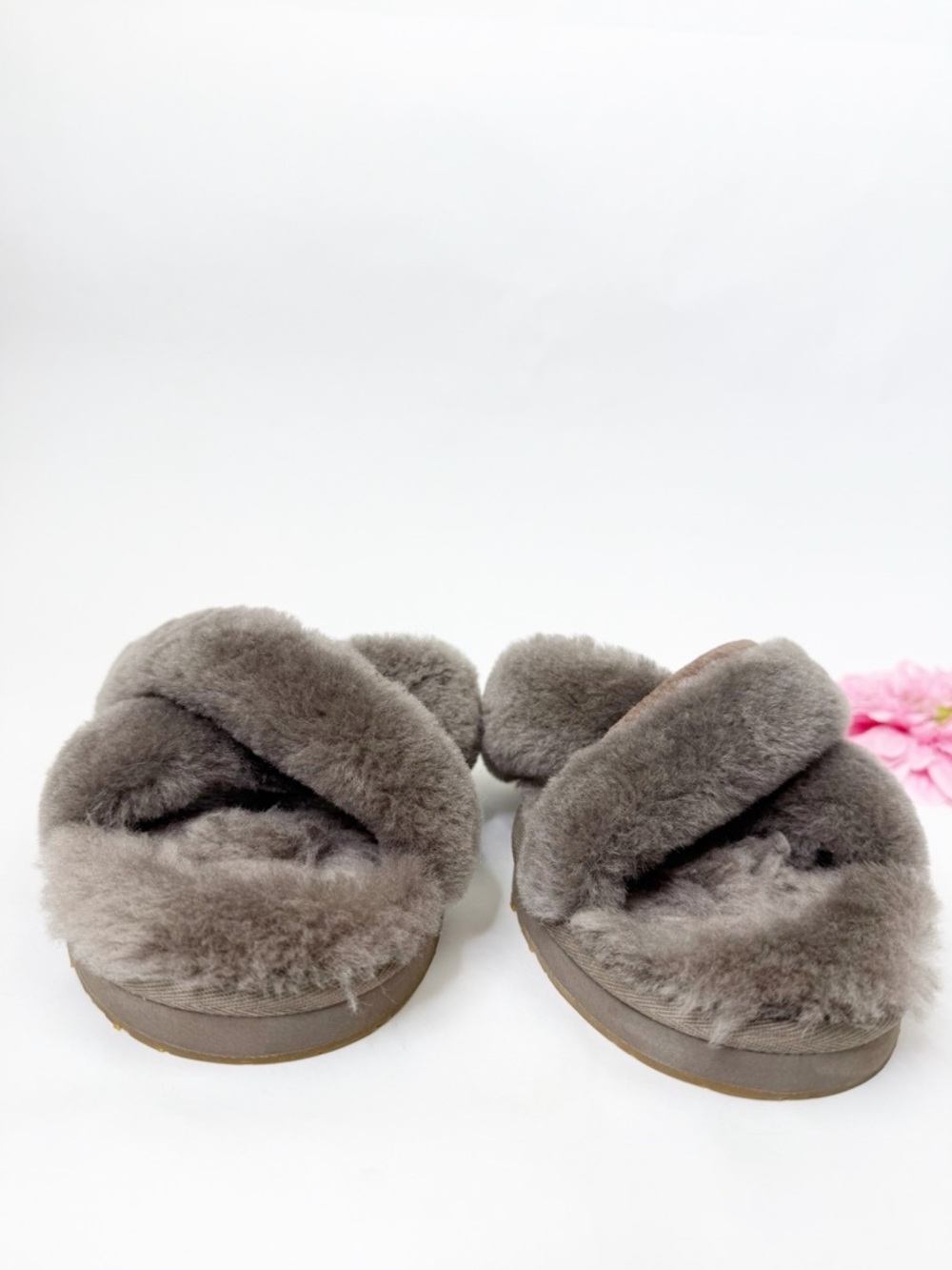 UGG Abela Slippers Criss Cross Sheepskin Fluffy Slate Grey Brown - Picture 3 of 12